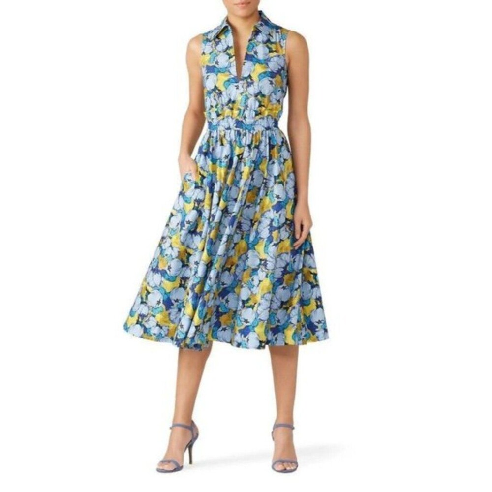 PINKO Peony Midi Dress Retro 50s collared full skirt Blue Yellow Floral 2 / S